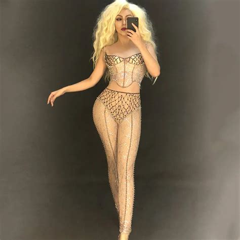 Womens Sparkly Rhinestone Rivet Sexy Jumpsuit Birthday Party Bodysuit Female Singer Nightclub