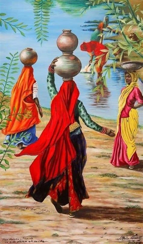 Two Women Carrying Pots On Their Heads Walking Down A Dirt Road Next To