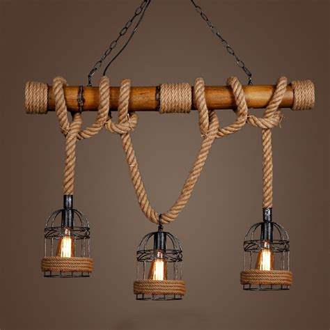 Countryside Vintage Pendant Light Loft Hemp Rope Bamboo Iron Cage