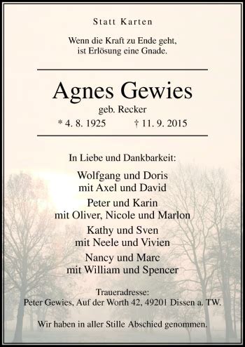 Traueranzeigen Von Agnes Gewies Noz Trauerportal