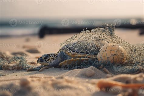 Turtle trapped in plastic garbage lying on the beach. The concept of an