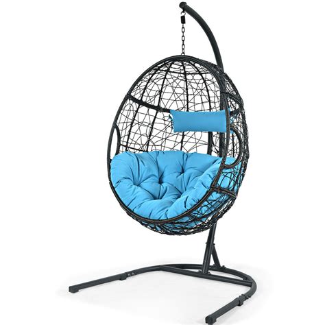 Gymax Hanging Hammock Chair Egg Swing Chair w/ Blue Cushion Pillow Stand - Walmart.com