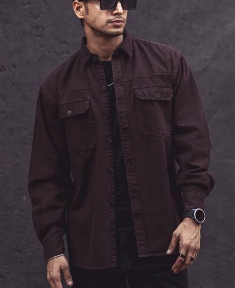 Denim Shirts Dark Brown Chest Pocket Plain Shirts For Men Online