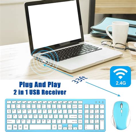 Blue Wireless Keyboard and Mouse Rechargeable 2.4G Cordless Compact ...