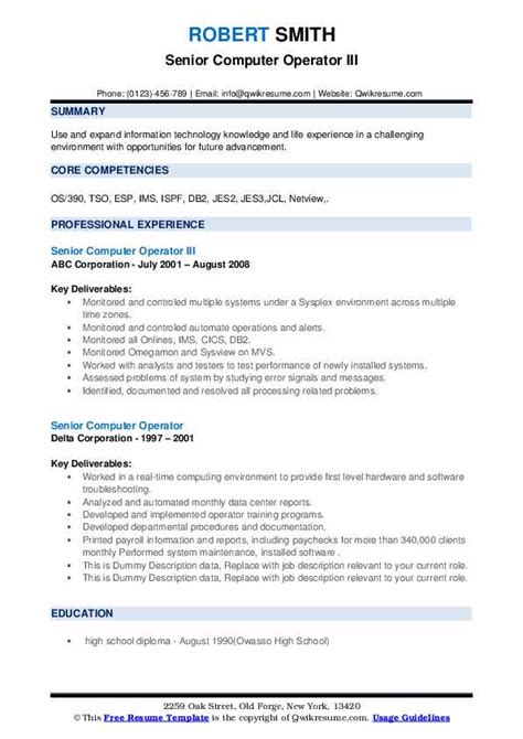 Senior Computer Operator Resume Samples Qwikresume