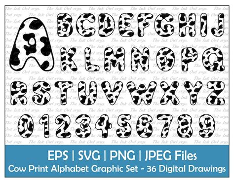 Cow Print Pattern Alphabet Letters And Numbers Vector Clipart Etsy