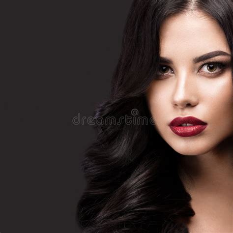 Beautiful Brunette Model Curls Classic Makeup And Red Lips The Beauty Face Stock Photo