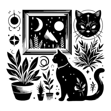 Un Dibujo En Blanco Y Negro De Un Gato Y Plantas Vector Premium