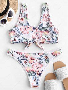 ZAFUL Snap Button Knot Leaf Floral Bikini Swimsuit In WHITE ZAFUL 2023