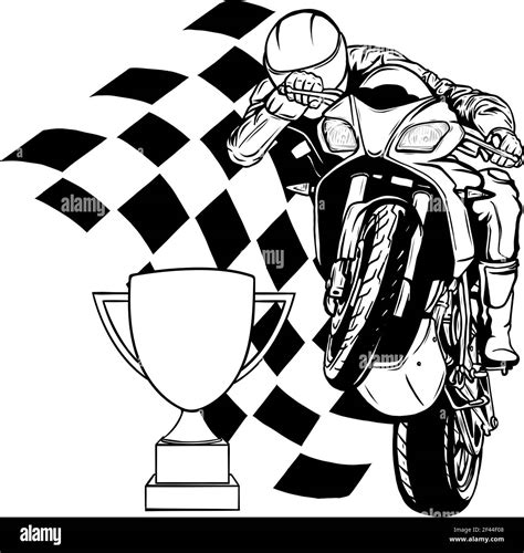 draw in black and white of Riders on sport motorbike with cup and race ...