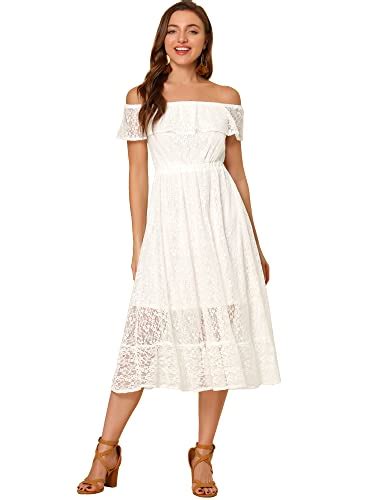 Allegra K Womens Off Shoulder Ruffled Dress High Waist Short Sleeve Boho Floral Lace Flowy Midi