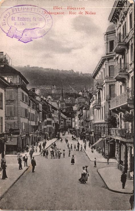 Vintage Postcard Rue Di Nidau Main Street Scene Biel Bienne Switzerland