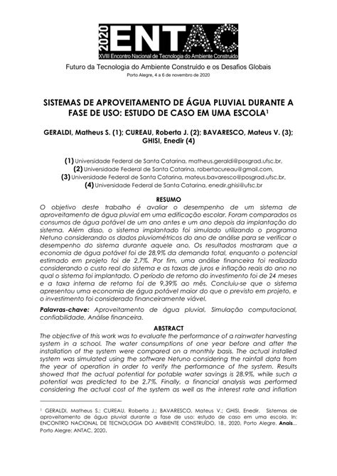 Pdf Sistemas De Aproveitamento De Gua Pluvial Durante A Fase De Uso