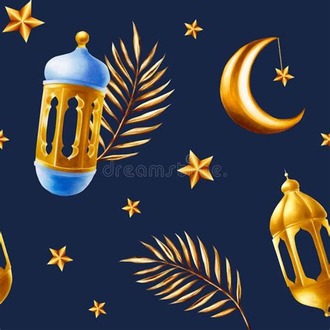 Watercolor Seamless Pattern With Islamic Arabian Golden Crescent Moon