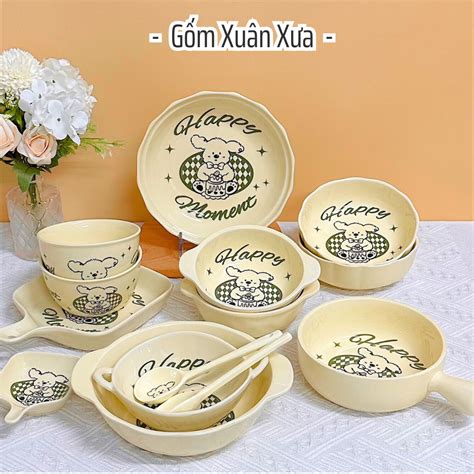 Bộ Bát Đĩa Gấu Happy Moment Hot trend Gốm Xuân Xưa chén dĩa dễ thương bát ăn cơm bát đĩa gấu