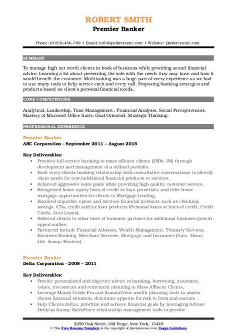 Premier Banker Resume Samples QwikResume