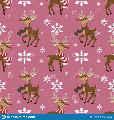 Christmas Holiday Season Seamless Pattern With Cute Reindeer With Scarf