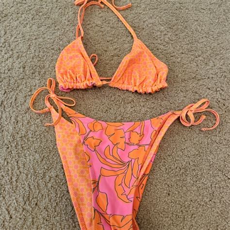 Wild Fable Swim Wild Fable Orange And Pink Bikini With Adjustable Tie Sides Reversible