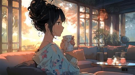 Premium Photo | Anime girl sitting on a couch holding a cup of coffee generative ai