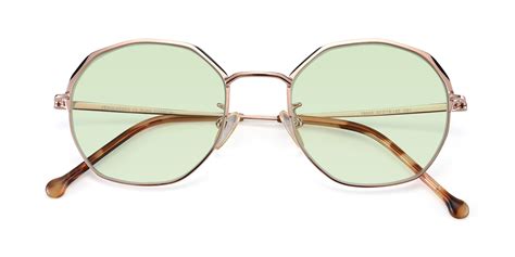 Rose Gold Hipster Browline Geometric Tinted Sunglasses With Light Green