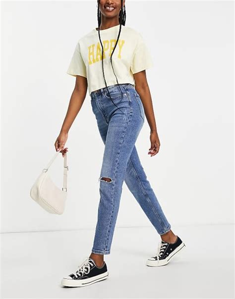 Stradivarius Slim Mom Jean With Stretch And Rip In Medium Blue Asos