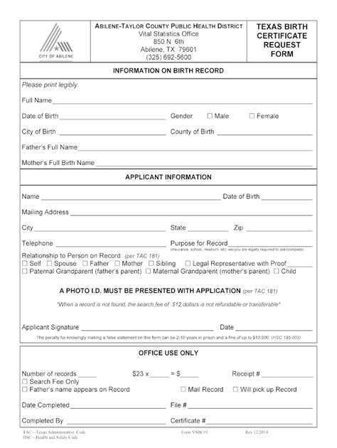 Fillable Online Texas Birth Certificate Request Form City Of Abilene