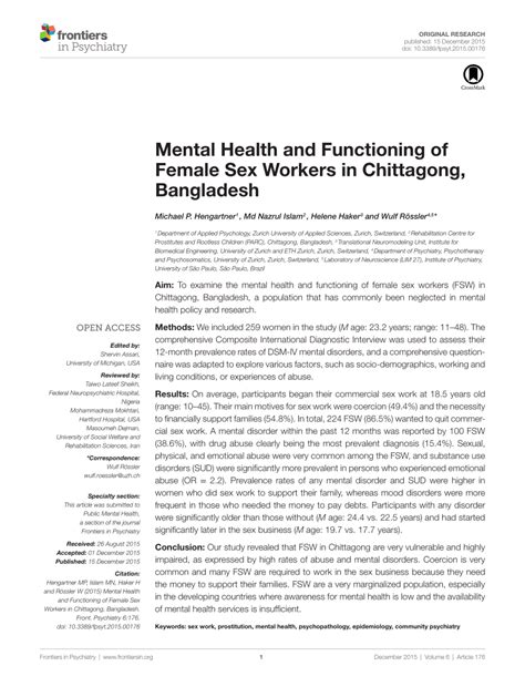 PDF Mental Health And Functioning Of Female Sex Workers In Chittagong Bangladesh