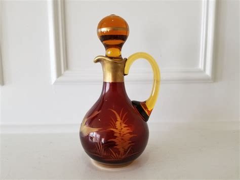 Vintage Moser Amber Etched Glass Cruet Matching Stopper Duck Etsy