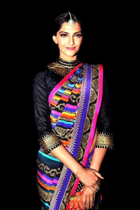 Sonam Kapoor In Multi Colour Block Printed Saree In Silk Paired With Black Blouse By Manish