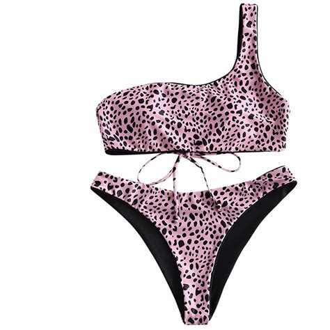 Girls Reversible Snakeskin Leopard Bikini Set One Shoulder Swimwear With Customized Printing