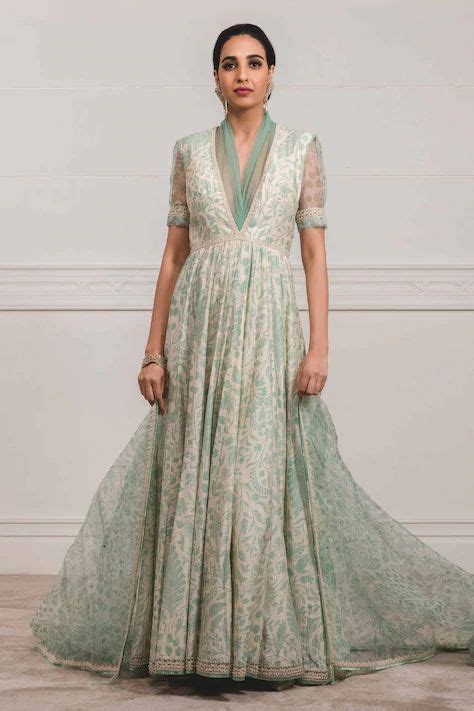 Buy Green Spun Silk V Neck Printed Anarkali Set By Tarun Tahiliani