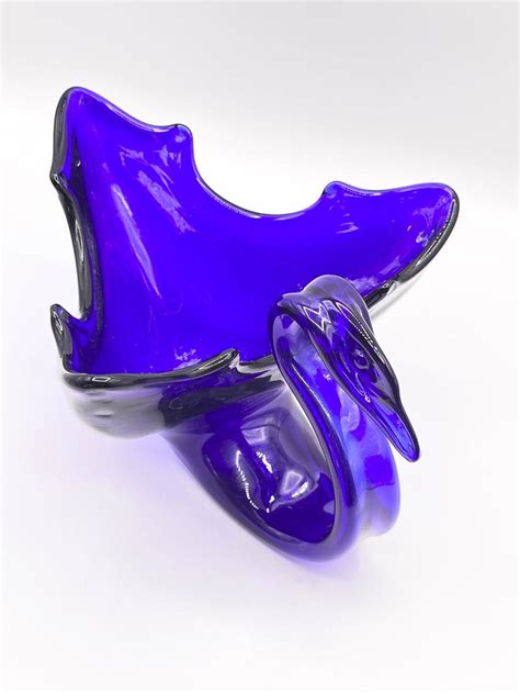 Vtg Cobalt Blue Blown Glass Swan Dish Vase EstateSales Org