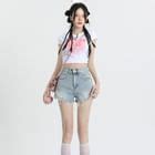 Girliepairs High Waist Washed Frayed Distressed Denim Hot Pants