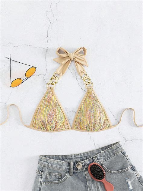 Shein Swim Sxy Sequin Decor Halter Triangle Bikini Top Shein Uk