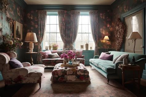 Premium AI Image | A living room with floral wallpaper and a couch with a floral pattern on the ...