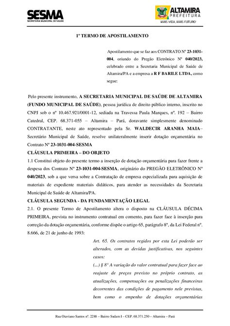 Termo De Apostilamento Ao Contrato N Prefeitura