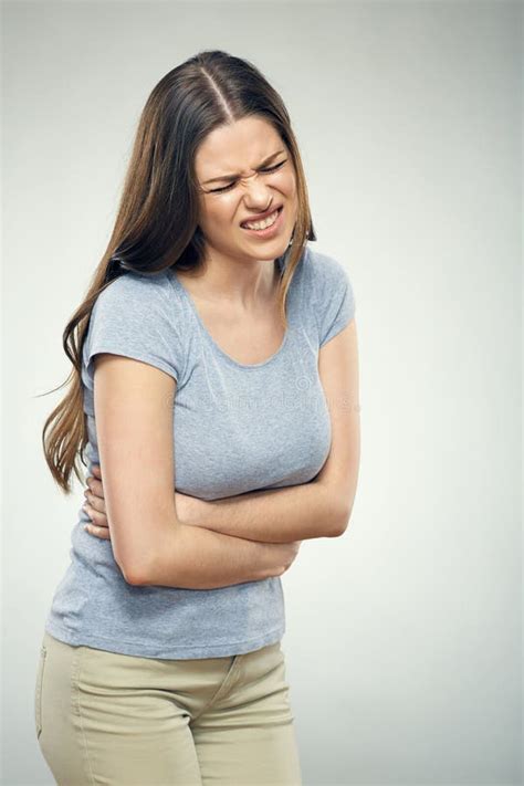 Woman With Stomach Pain Touching Tummy Stock Photo Image Of Female