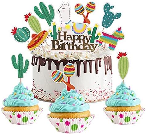 Veplsur 36pcs Mexican Tropical Style Cupcake Toppers Cactus Donkey