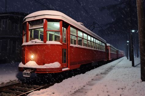 Premium AI Image | Red tram in the snow at night Prague Czech Republic