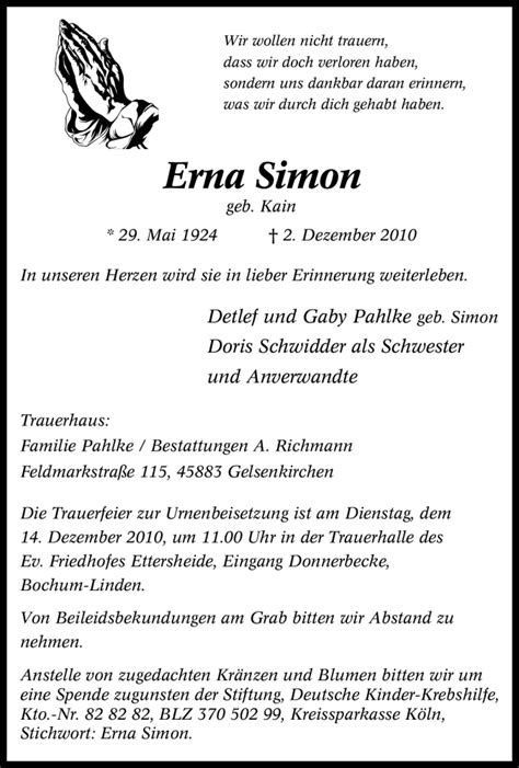 Traueranzeigen Von Erna Simon Trauer In NRW De