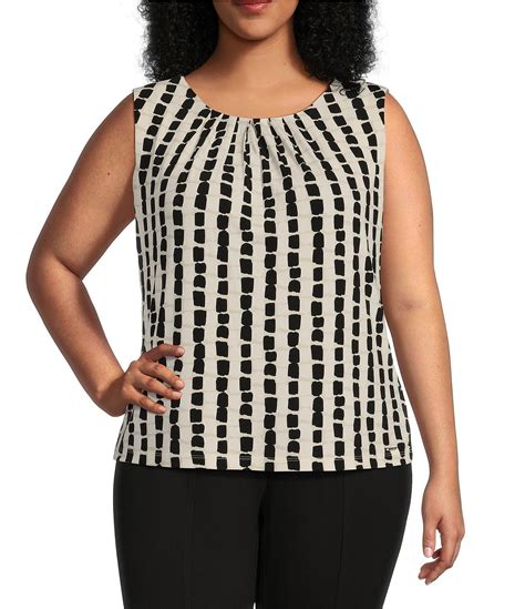 Calvin Klein Plus Size Knit Geometric Print Pleated Crew Neck