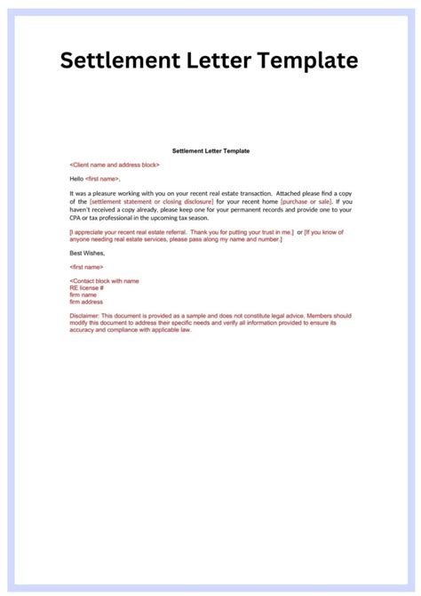 Sample Printable Settlement Letter Sample Forms Template