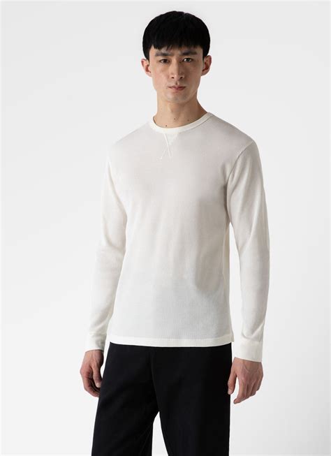 Mens Long Sleeve Waffle T Shirt In Ecru Sunspel