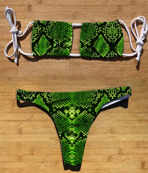 Swimwear Square Halter Tie Bikini Set Green Snakeskin Thong Cheeky Full