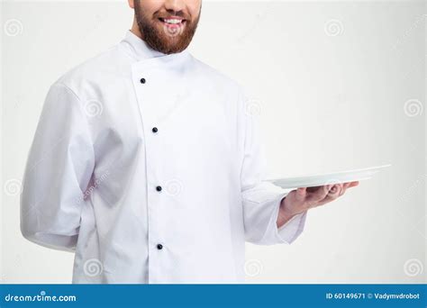 Happy Male Chef Cook Holding Empty Plate Stock Image Image Of Platter