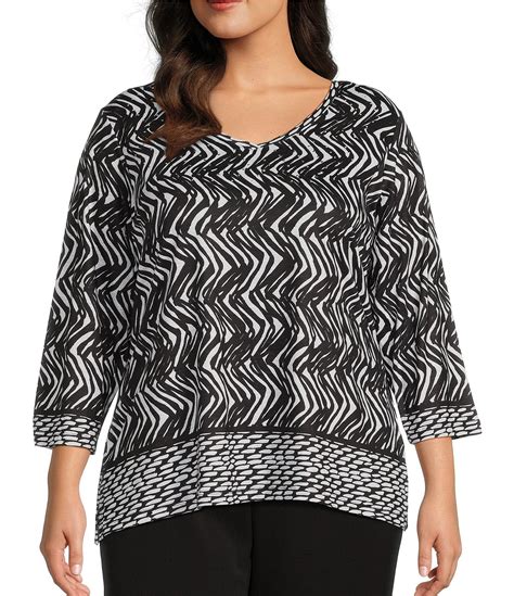 Allison Daley Plus Size Embellished Border Print 3 4 Sleeve V Neck Knit Top Dillard S