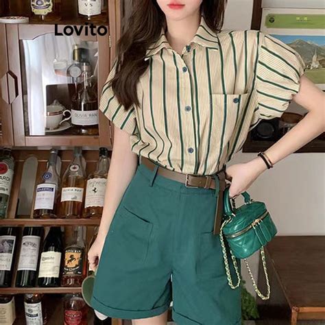 Lovito Casual Striped Button Front Pocket Blouse For Women Lne