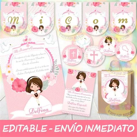 Kit Imprimible Comunión Nena Rosa 100 Editable Candy Bar en venta en