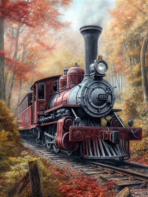 Historic Steam Engine Red Vintage Train Mountain Painting Acrylic