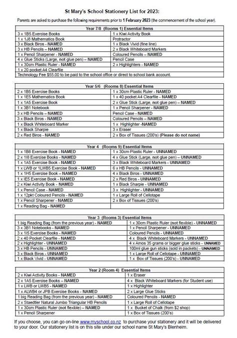 St Marys Stationary List 2023 St Marys School Blenheim